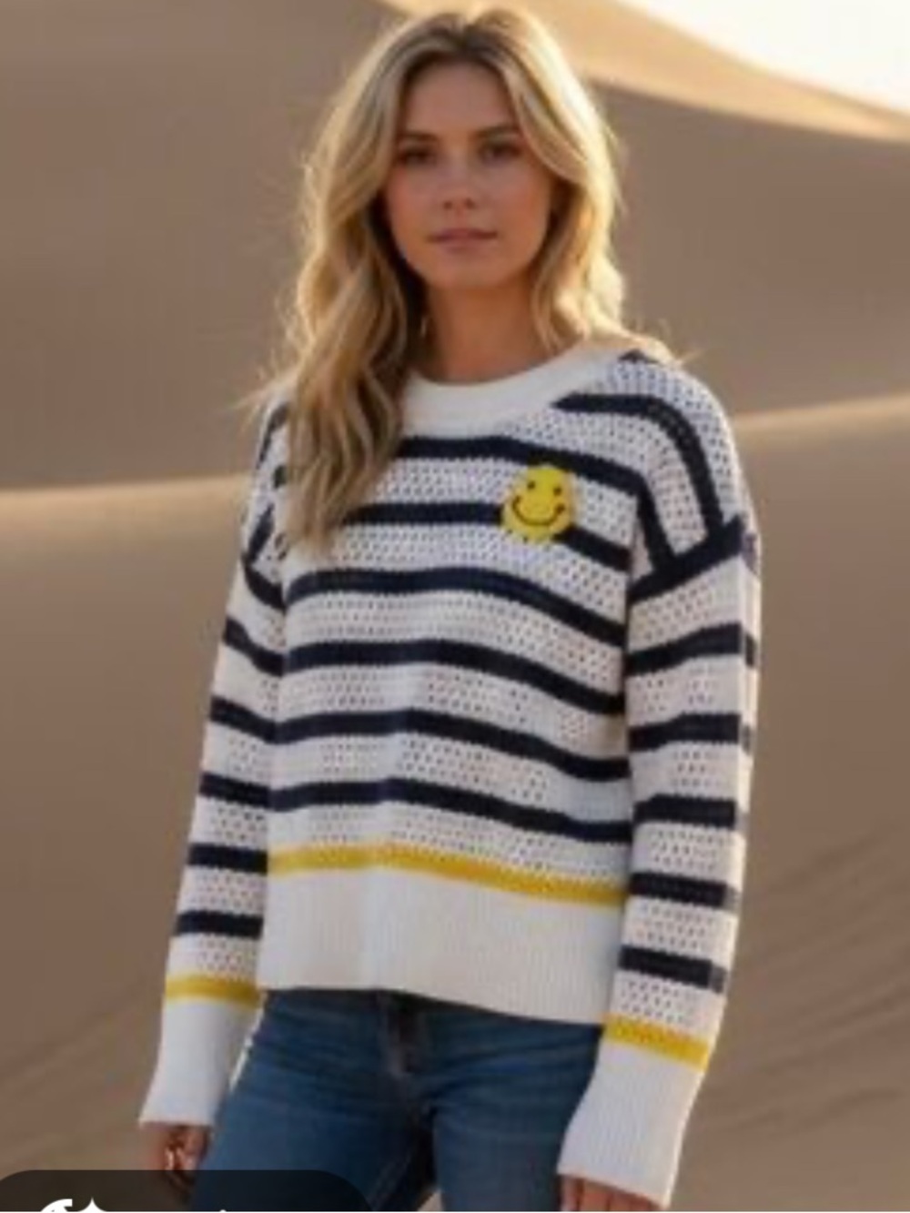 Rosenthal White Navy Striped Open-Knit Crewneck Sweater with Yellow Smile Patch
